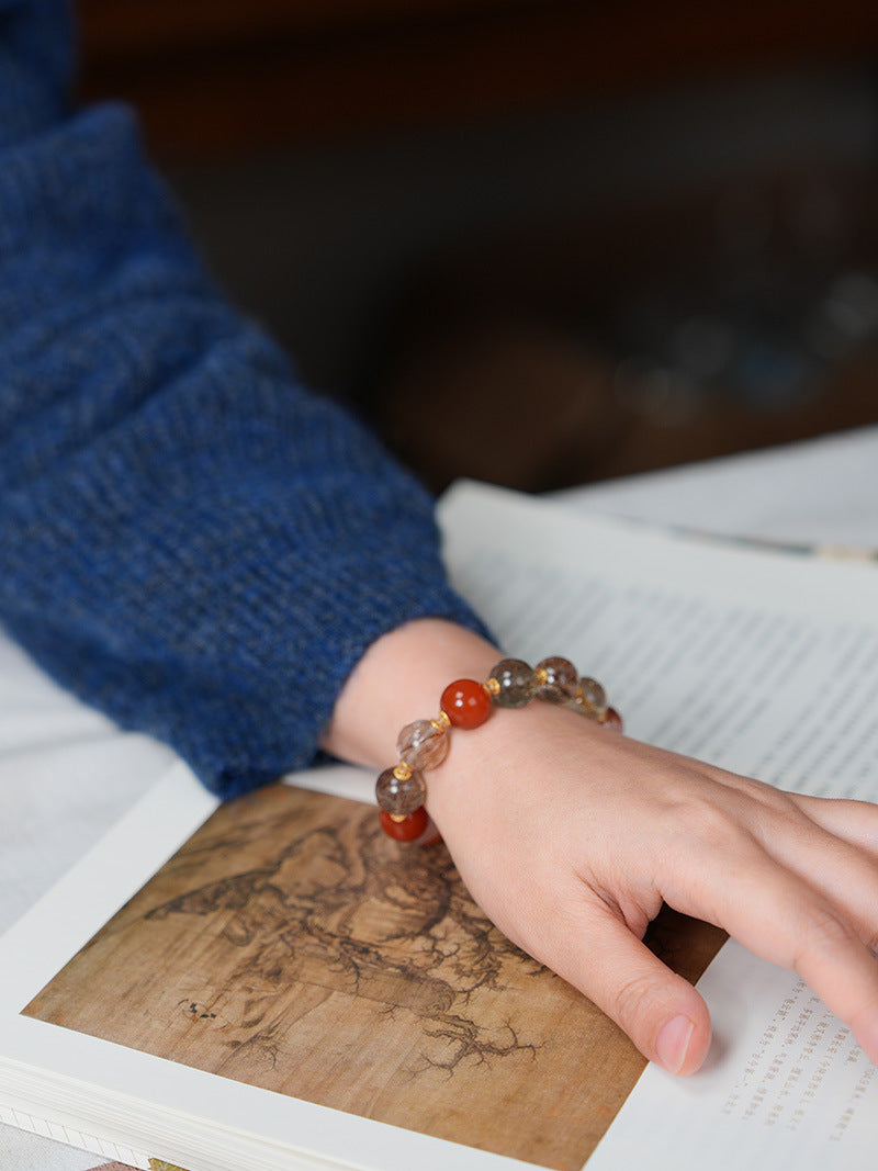 zensoullab Natural Black Gold Super Seven Crystal Bracelet for Women Red Glue Flower Gold Rutilated Quartz Full Flesh Southern Red Multi-Gemstone Bracelet