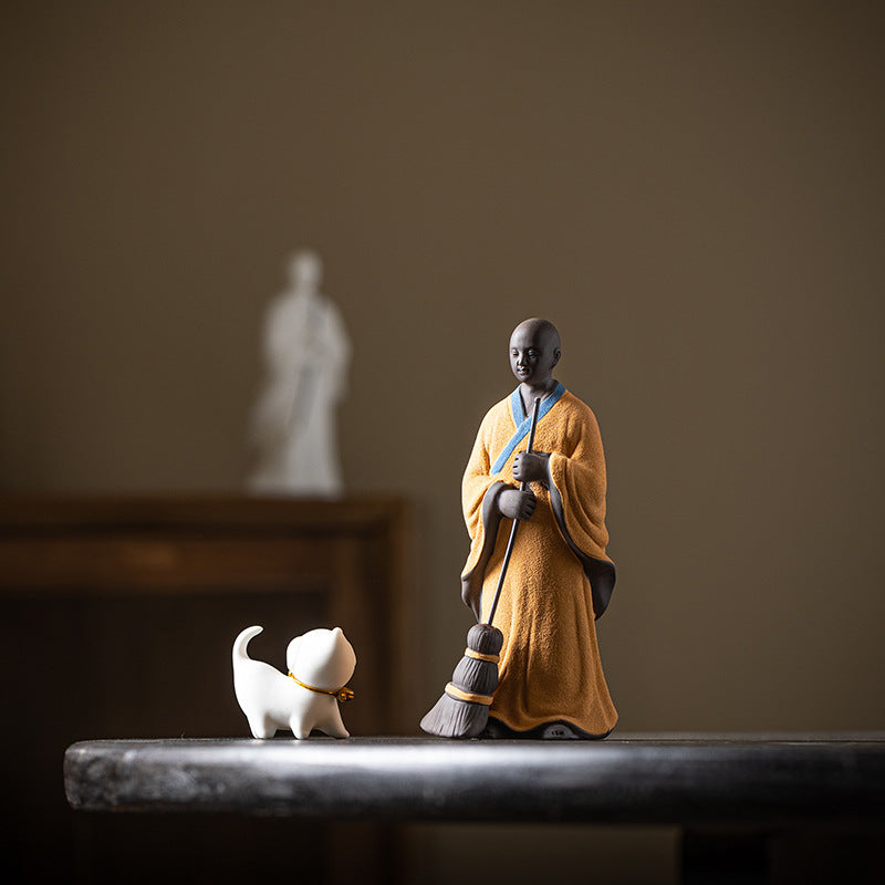 zensoullab Creative Ceramic Figure Sweeping Monk Zen Little Monk Ornament Home Living Room Curio Shelf Tea Room Bonsai Decoration
