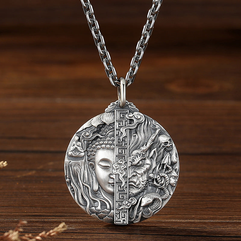 zensoullab Thai Silver Vintage Buddha and Demon One Thought Pendant Men's Solid Vintage Round Large Buddha Pendant Chinese Style Necklace