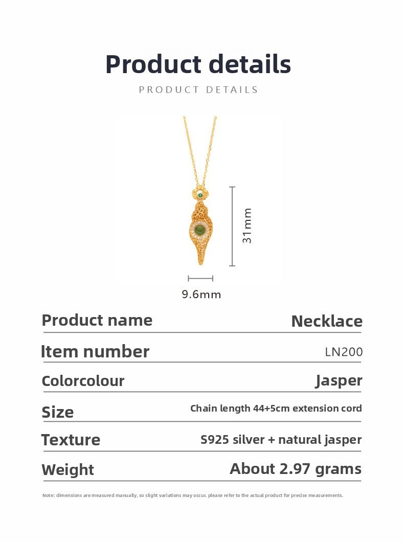 zensoullab Full Body S925 Sterling Silver Electroplated 24K Gold Conch Inlaid with Jasper Vintage Hollow Ancient Craft Pendant Necklace for Women