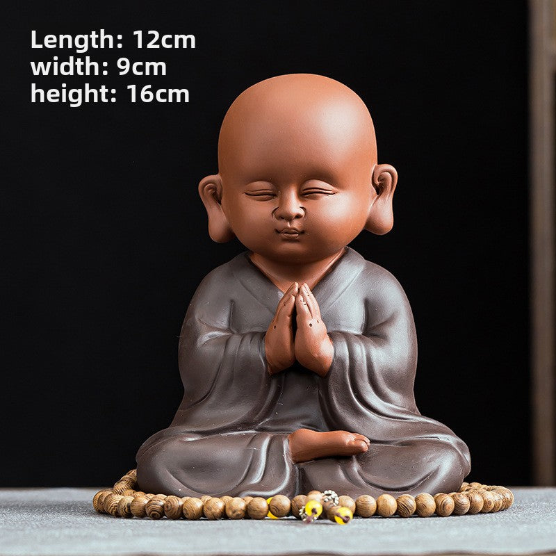 zensoullab Premium Large Ceramic Little Monk Figurine Purple Clay Figure Chinese Style Living Room Entrance Tea Room Zen Little Novice Decoration