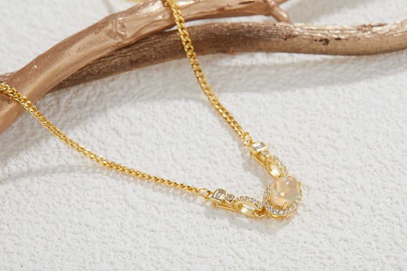 zensoullabs 925 Sterling Silver Inlaid Natural Opal Cabochon Pendant for Women Vintage Light Luxury Palace Style Necklace Accessory