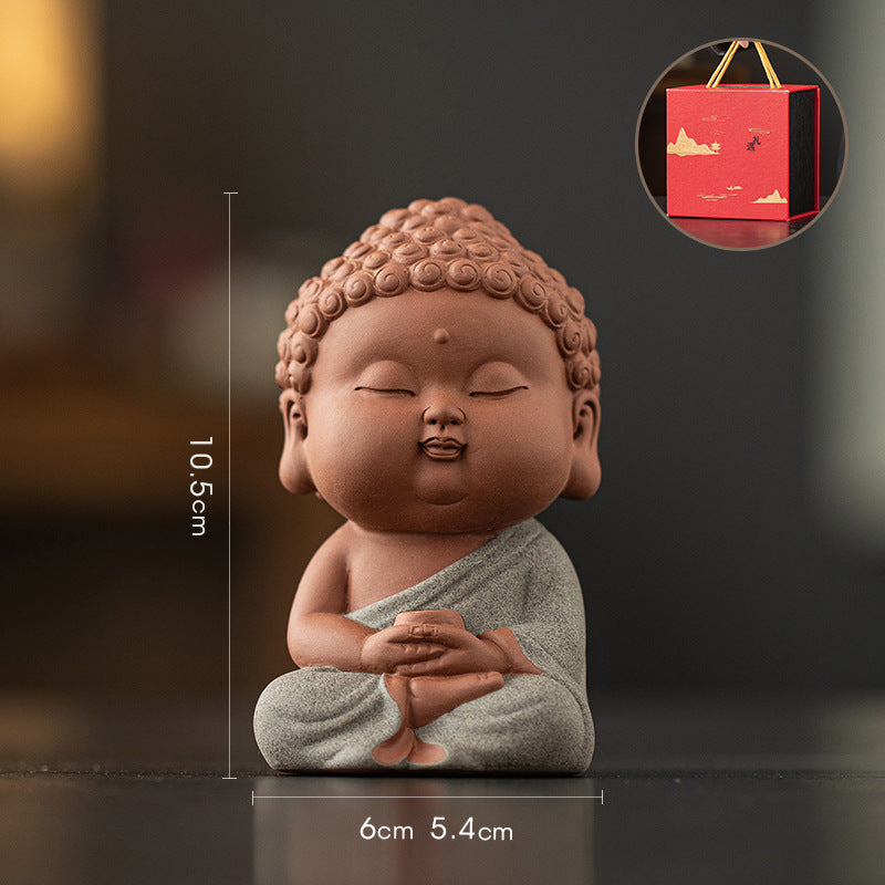 zensoullab Zen Purple Clay Small Buddha Figurine Cute Buddha Statue Chinese Style Home Tea Room Curio Shelf Tea Table Decoration