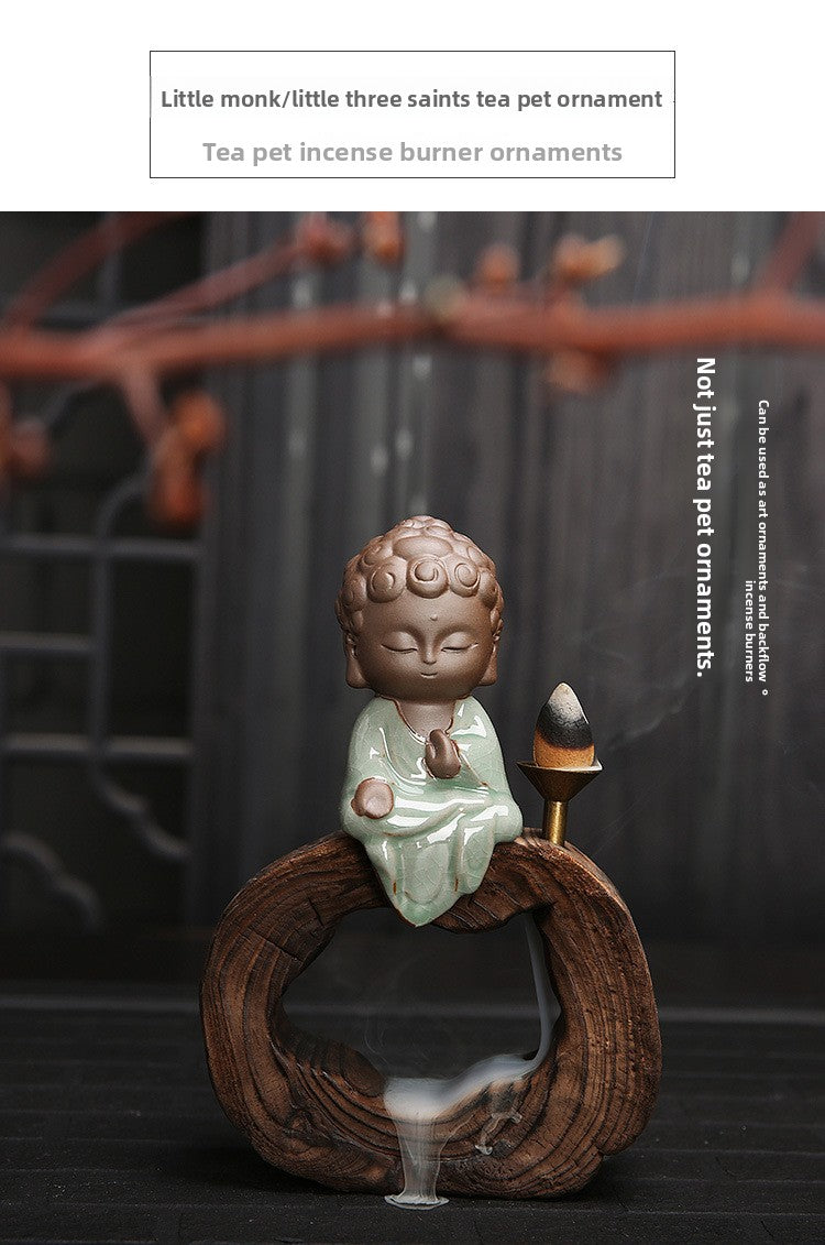 zensoullab Yunshang Tea Pet Ornament Creative Little Monk Purple Clay Backflow Incense Burner Tea Set Accessories Home Office Art Ornament
