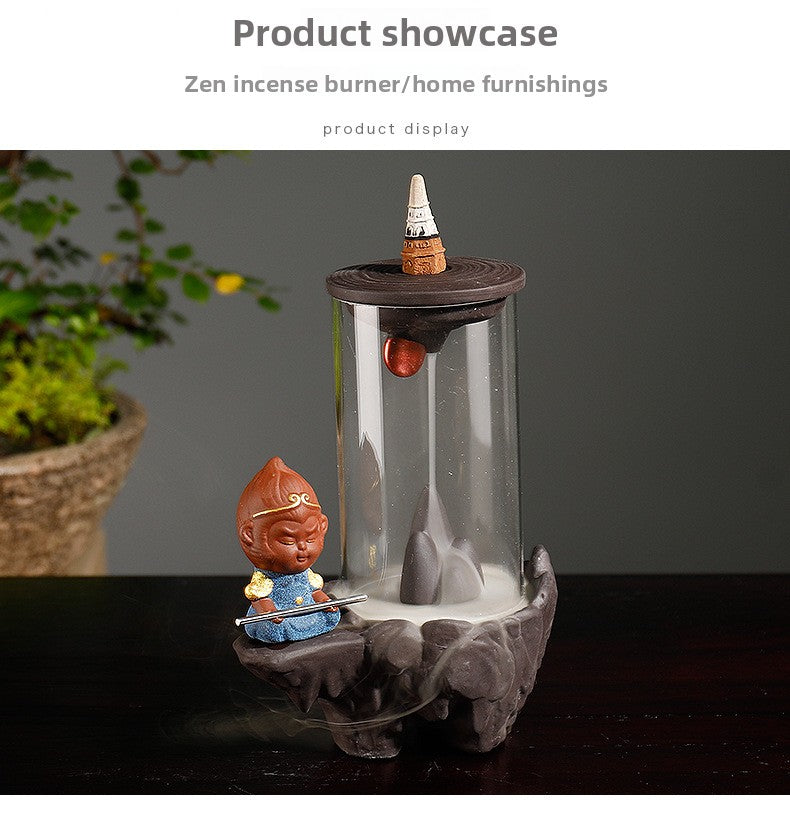 zensoullab Purple Clay Wukong Backflow Incense Burner Home Decor Creative Windproof Cover Sandalwood Incense Burner Craft Ornament