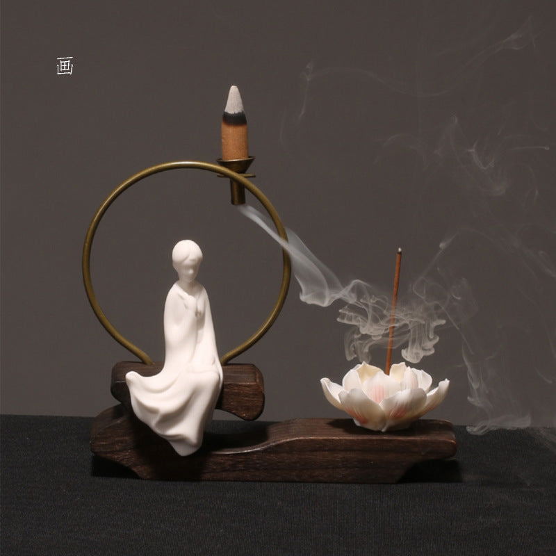 zensoullab Creative Chinese Ceramic Ornament Phaseless Buddha Statue Home Backflow Incense Burner Sandalwood Aromatherapy Burner Incense Holder Incense Device Wooden Incense Stand