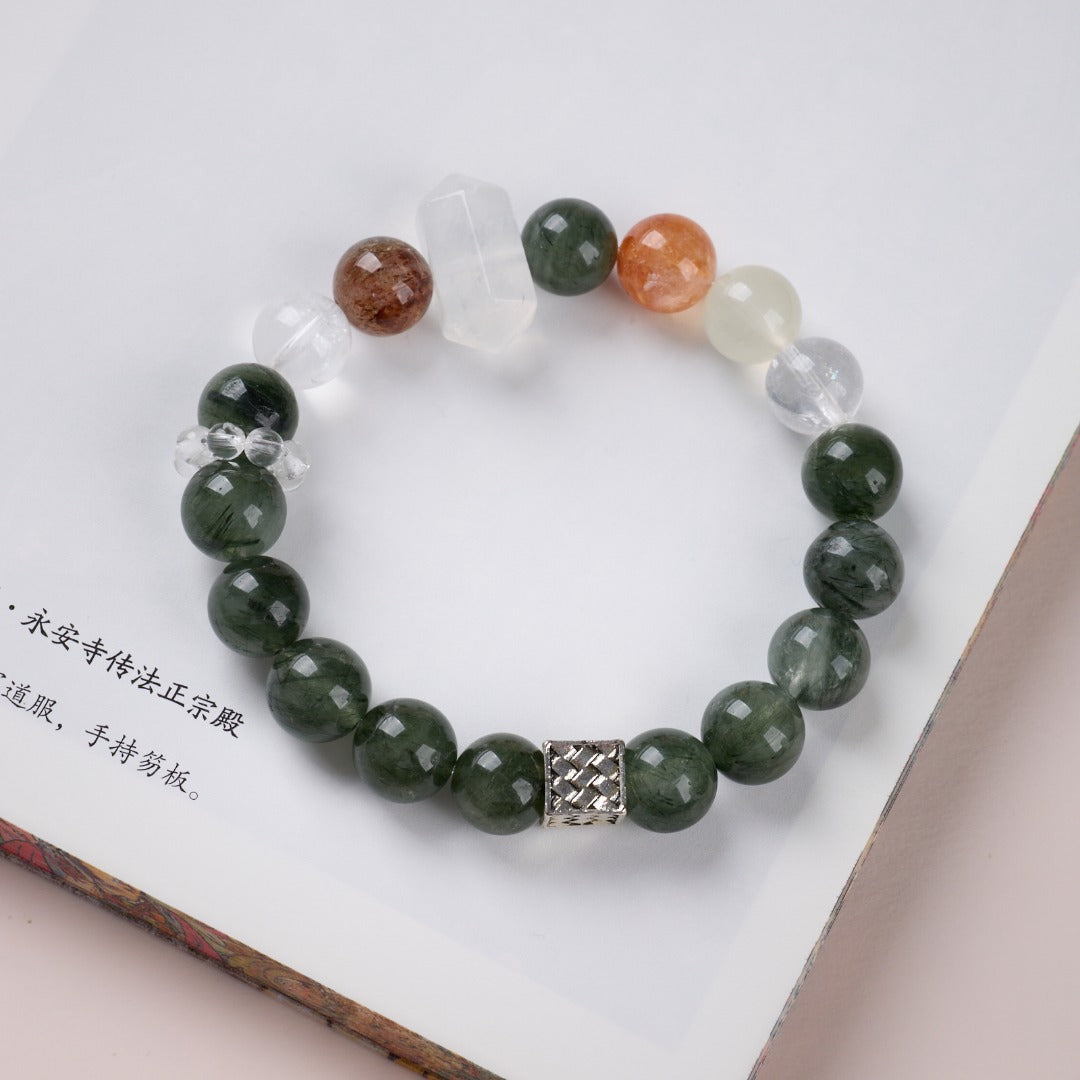 zensoullab Natural 10MM Green Rutilated Quartz Bracelet for Women Good Luck White Crystal Red Agate Flower Multi-Gemstone Crystal Bracelet