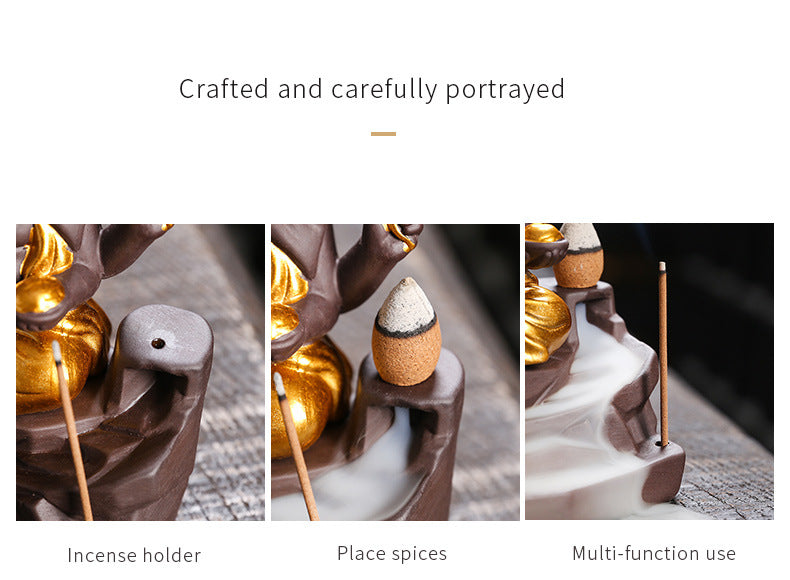 zensoullab Purple Clay Sandalwood Incense Burner Home Decor Creative Gold-Plated Ganesha Mountain Water Backflow Incense Burner Craft