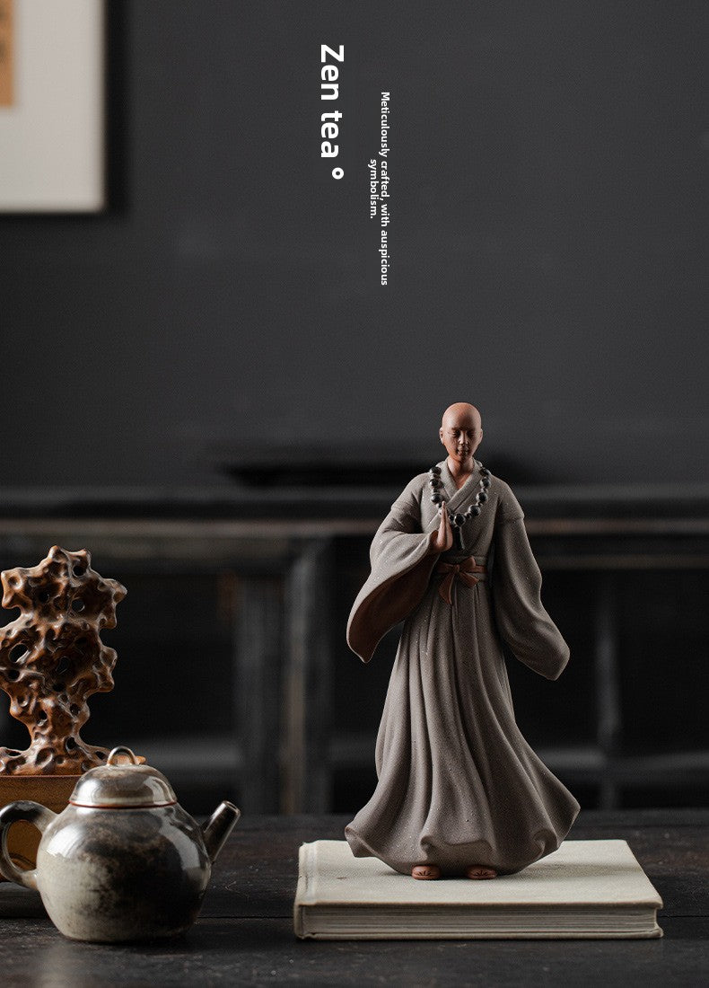 zensoullab Creative New Chinese Style Large Purple Clay Little Monk Figurine Tea Room Living Room Entrance Zen Little Monk Ceramic Character Decoration
