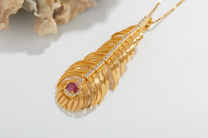 zensoullab Pendant S925 Sterling Silver Light Luxury Natural Ruby Feather-shaped Necklace for Women Niche Gold Clavicle Chain