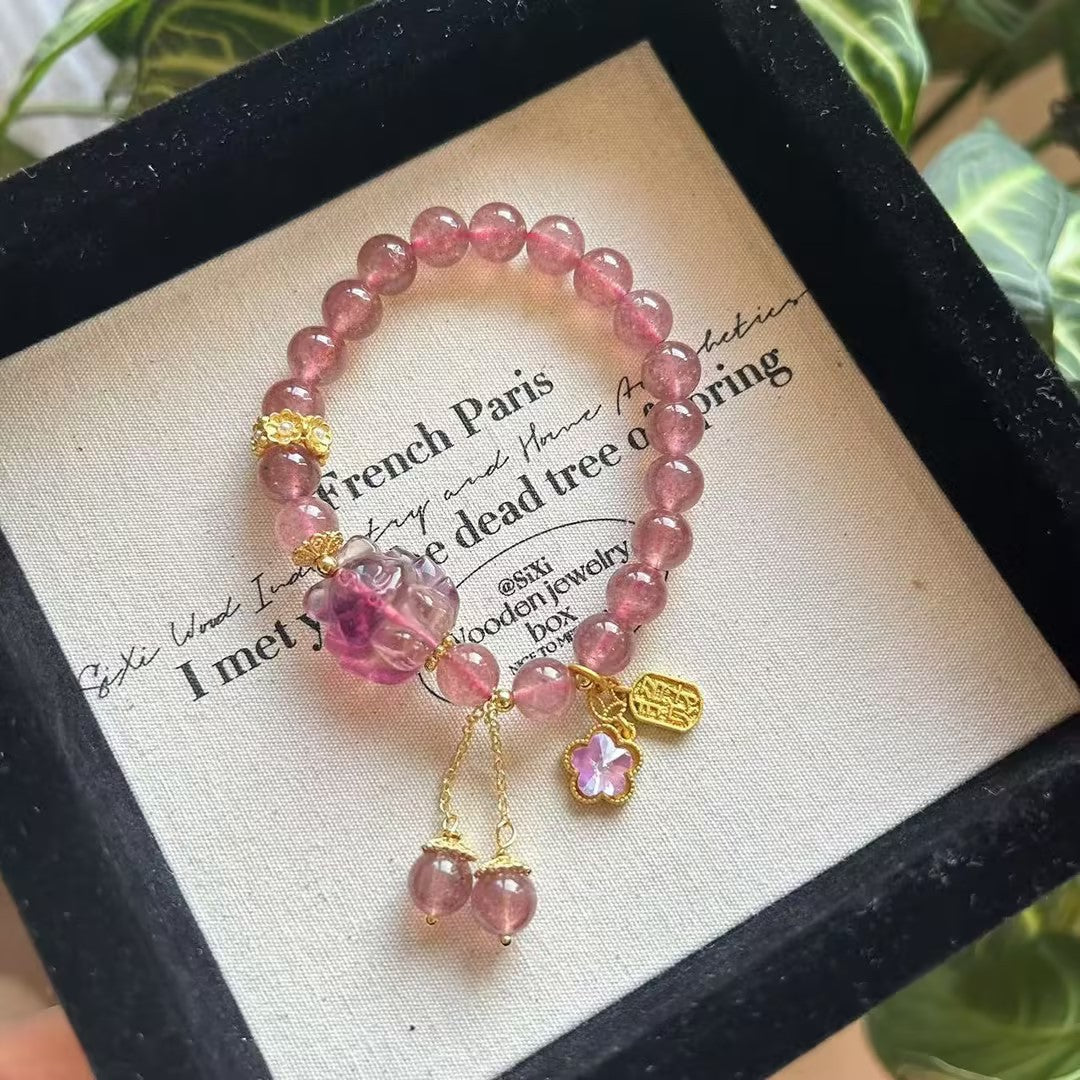 zensoullab Natural Strawberry Crystal Pink Crystal Double Bracelet for Women Strawberry Crystal Pixiu Wealth Flower Good Luck Crystal Bracelet