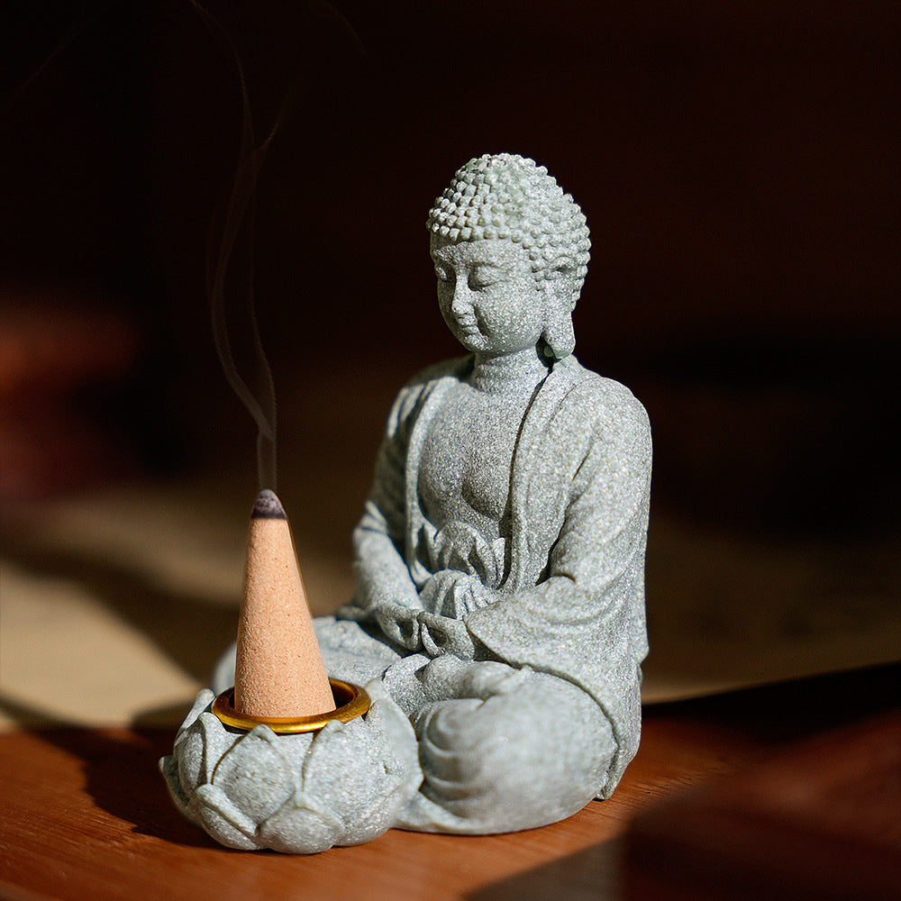 zensoullab New Green Sand Stone Buddha Statue Ornament Aromatherapy Decoration Living Room Zen Tea Tabletop Stone Small Sitting Buddha Incense Burner Ornament