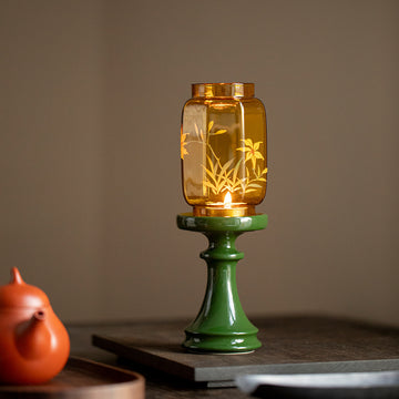 zensoullab Flowing Fragrance Golden Orchid Ming Qing Glass Candle Holder Lamp Zen Tea Room Atmosphere Lamp Home Floor Candle Lamp Decorative Ornament