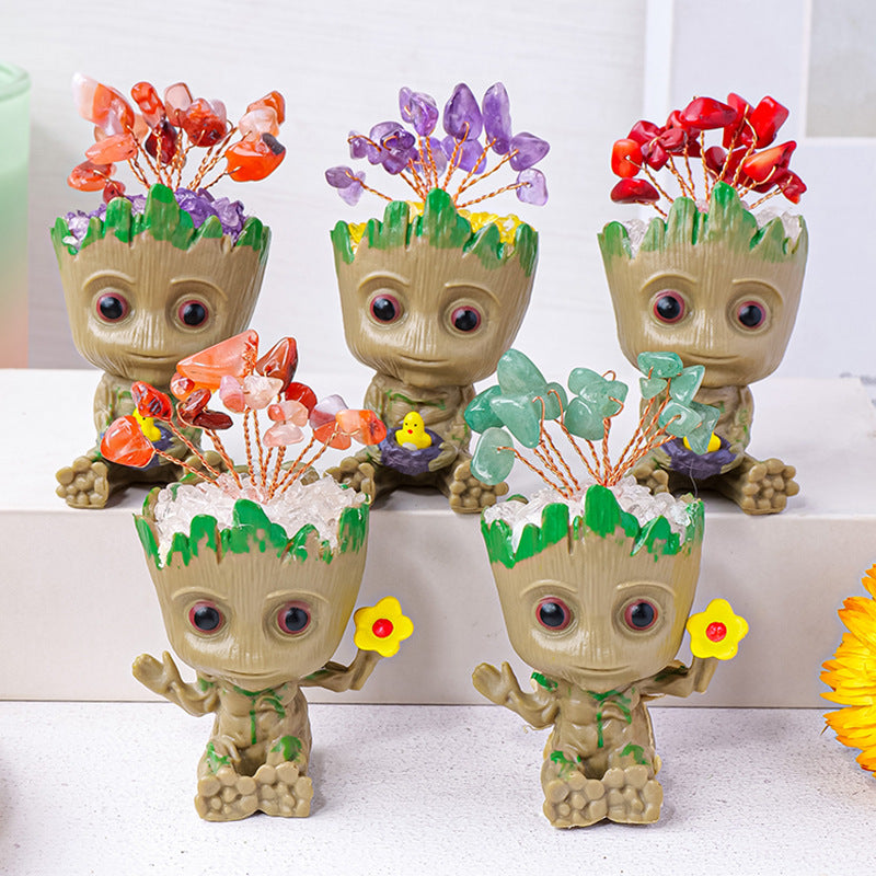 zensoullab Natural Crystal Gravel Small Flower Tree Groot Figurine Crystal Craft Tree Man Figurine Desktop Ornament