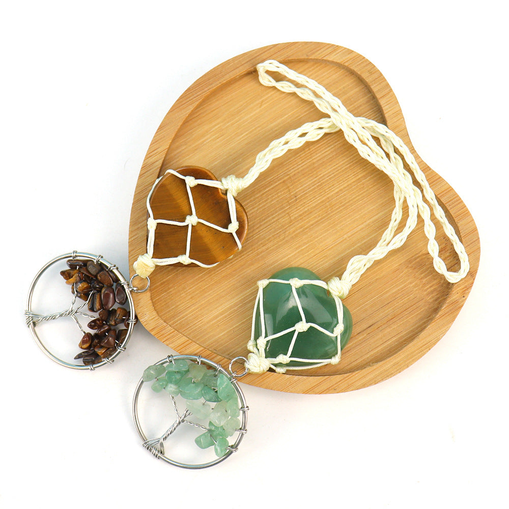 zensoullab Natural Crystal Heart-shaped Woven Net Bag Tree of Life Pendant Car Hanging Bag Accessories