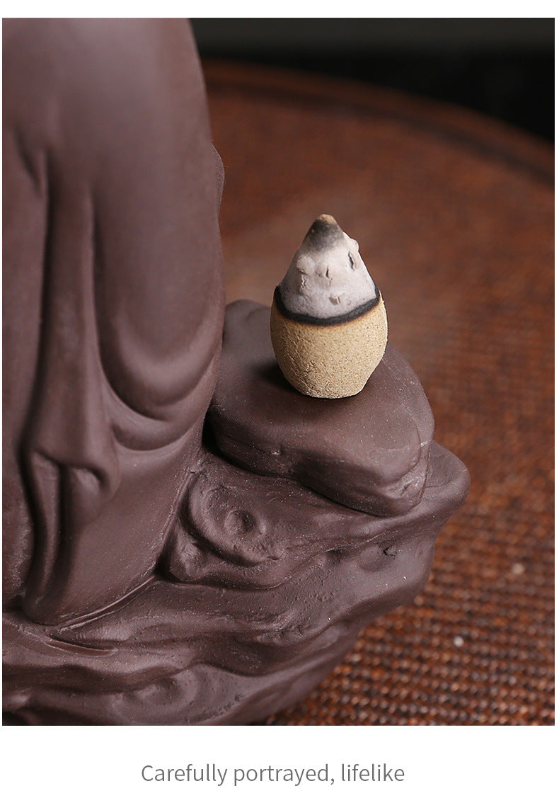 zensoullab New Purple Clay High Mountain Water Flow Backflow Waterfall Incense Burner Creative Maitreya Buddha Sandalwood Backflow Incense Burner Ornament