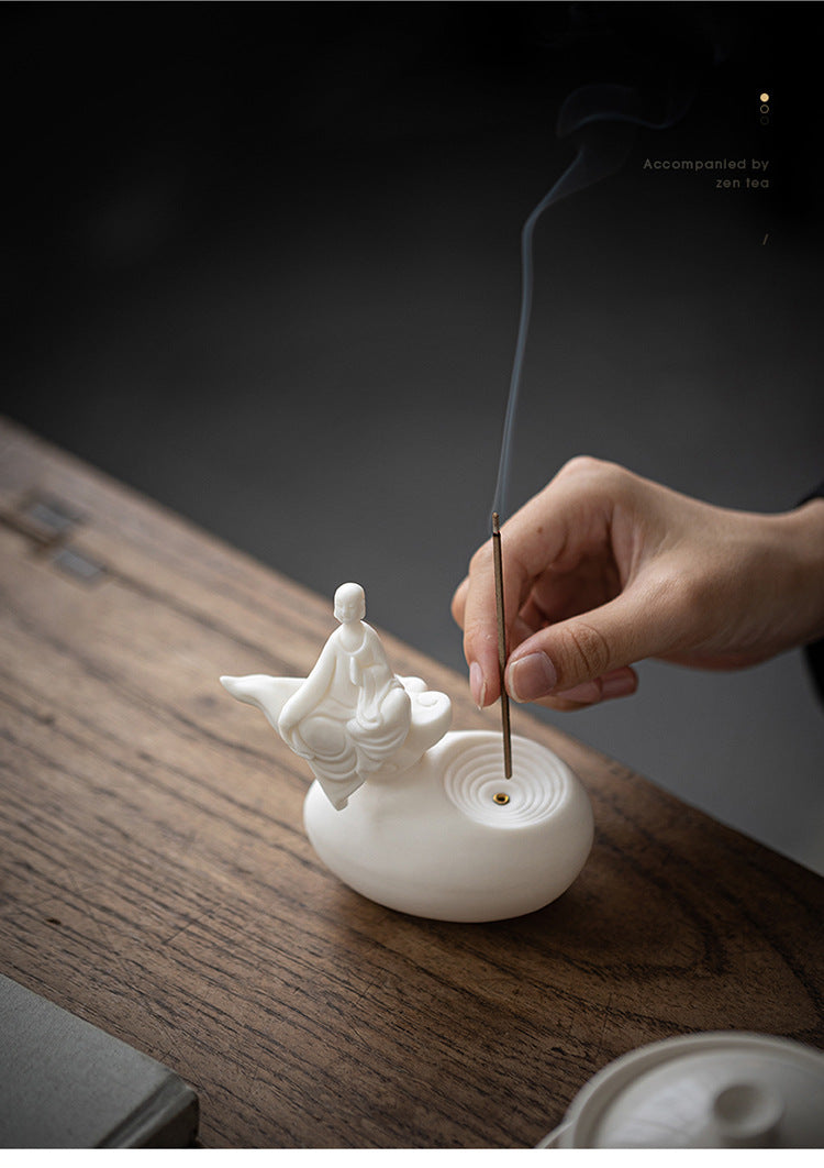 zensoullab Premium White Porcelain Incense Burner Little Monk Incense Holder Home Indoor Zen Style Formless Buddha Ornament Sandalwood Agarwood Aromatherapy Burner