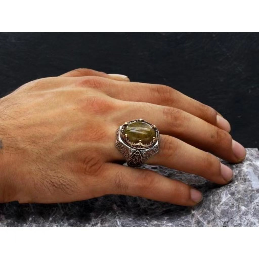 zensoullab Turkish Handmade Exquisite Convex Vintage Distressed Crown Men's Rutilated Quartz Carved Split Gold Ring