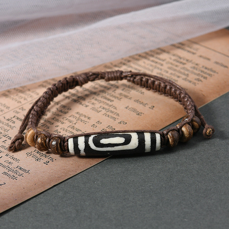 zensoullab Vintage Tibetan Style Ox Bone Dog Tooth Bracelet Carved Dzi Bead Yak Bone Ethnic Style Personality Unisex Bracelet Tourist Spot Jewelry