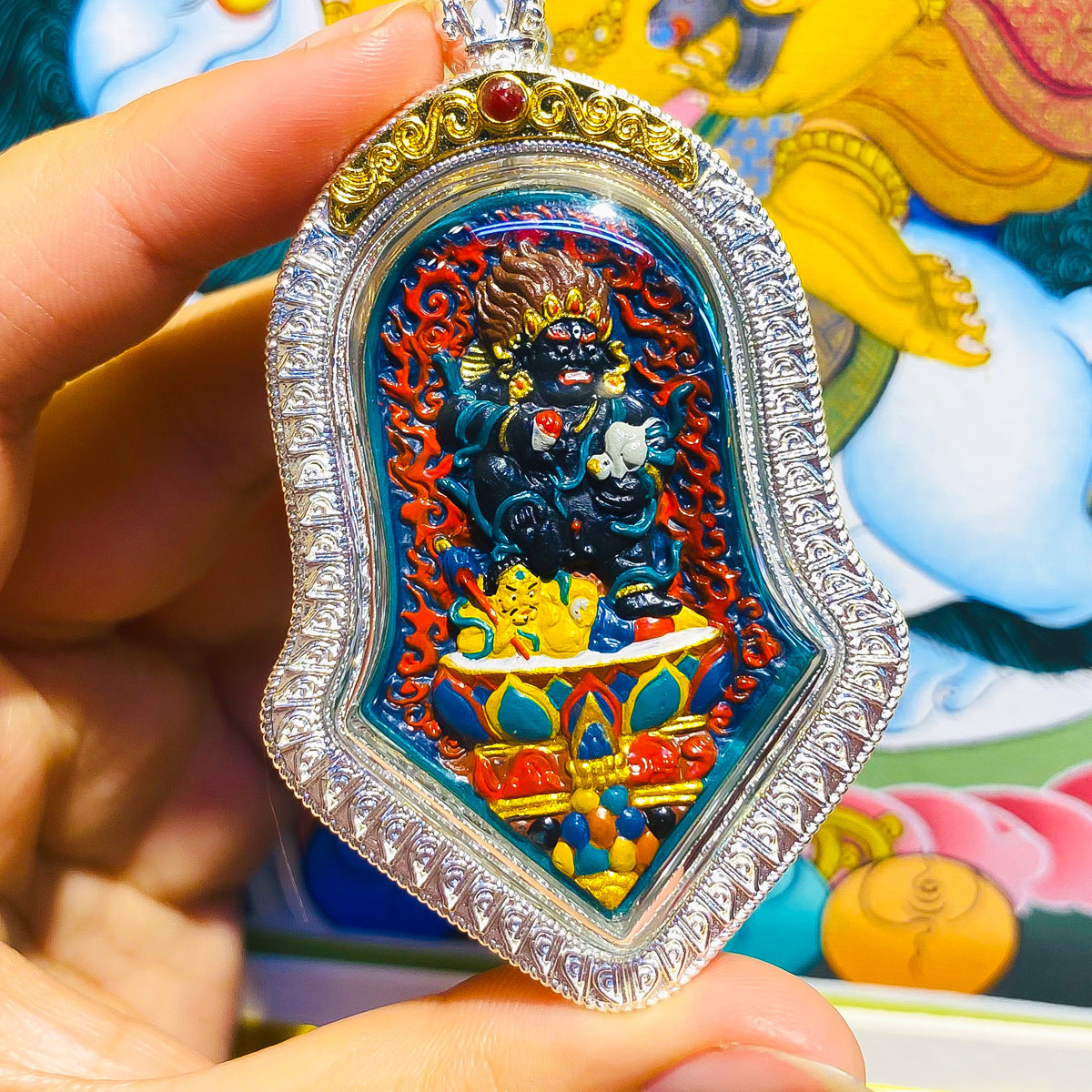 zensoullab Rubbing Thangka Hand-painted 3D Black God of Wealth Tibetan Painted Buddha Small Thangka Buddha Amulet Tibetan Silver Pendant Necklace for Men and Women
