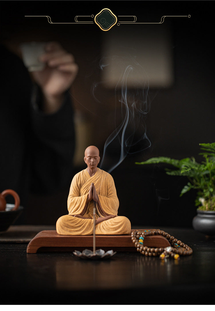 zensoullab Dust-Free Zen Little Monk Purple Clay Figurine Ceramic Figure Ancient Style Tea Room Display Stand Desktop Decoration