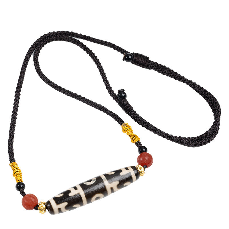 zensoullab Natural Tibetan Guru Rinpoche Three-Eyed Dzi Bead Necklace Agate Pendant Unisex Braided Necklace In Stock