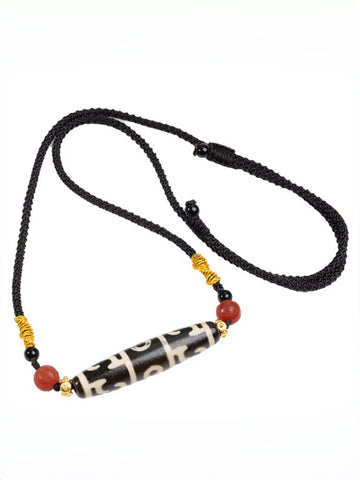 zensoullab Natural Tibetan Guru Rinpoche Three-Eyed Dzi Bead Necklace Agate Pendant Unisex Braided Necklace In Stock