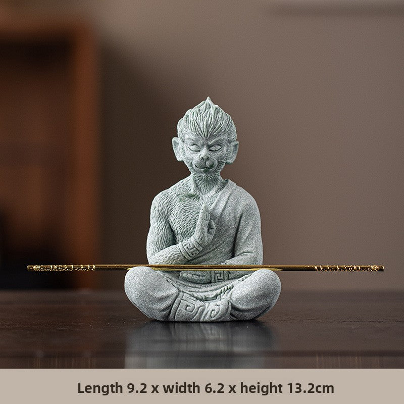 zensoullab Zen Style Chinese Green Sandstone Zen Sitting Monkey King Desktop Ornament Creative Living Room Fish Tank Landscaping Decoration