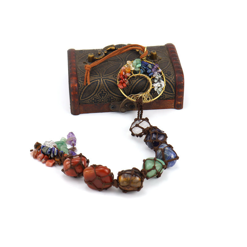 zensoullab7 Colorful Stone Seven Colors Crystal Raw Stone Hand-woven Pendant Natural Stone Tree of Life Car Hanging Dream Catcher Ornament