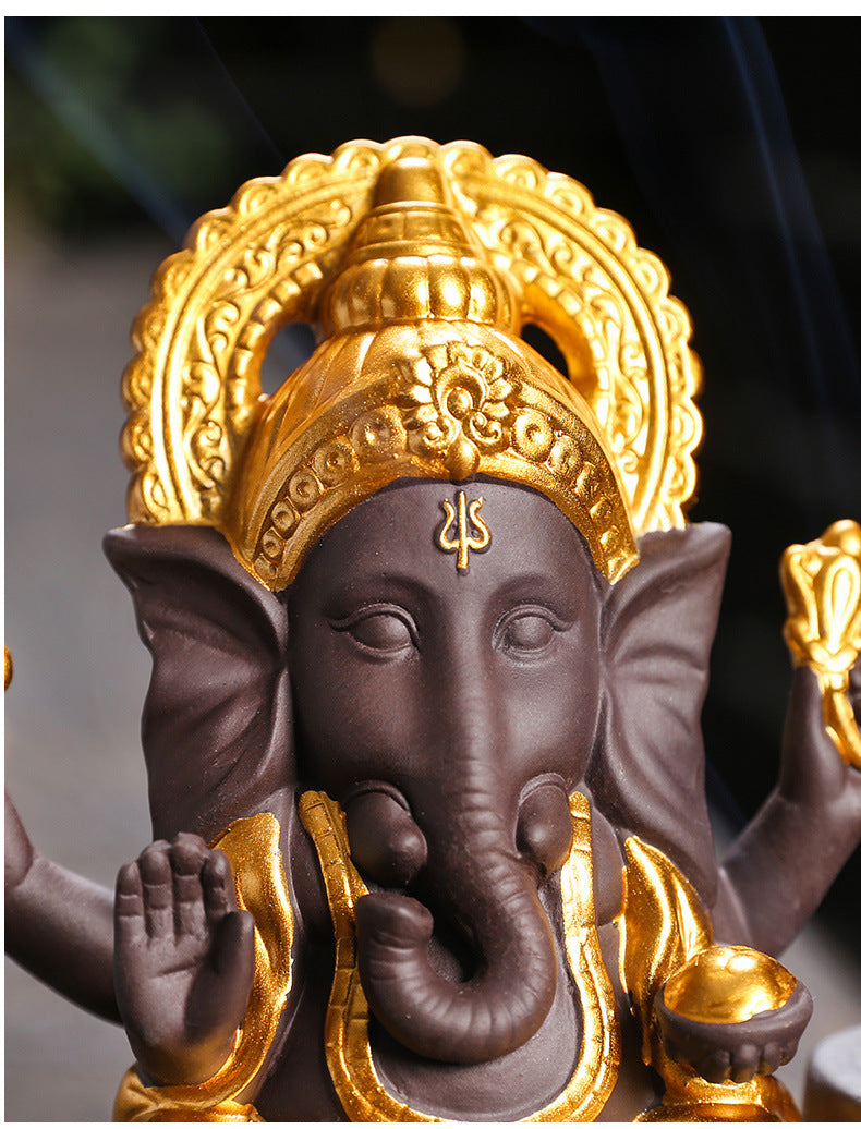 zensoullab Purple Clay Sandalwood Incense Burner Home Decor Creative Gold-Plated Ganesha Mountain Water Backflow Incense Burner Craft