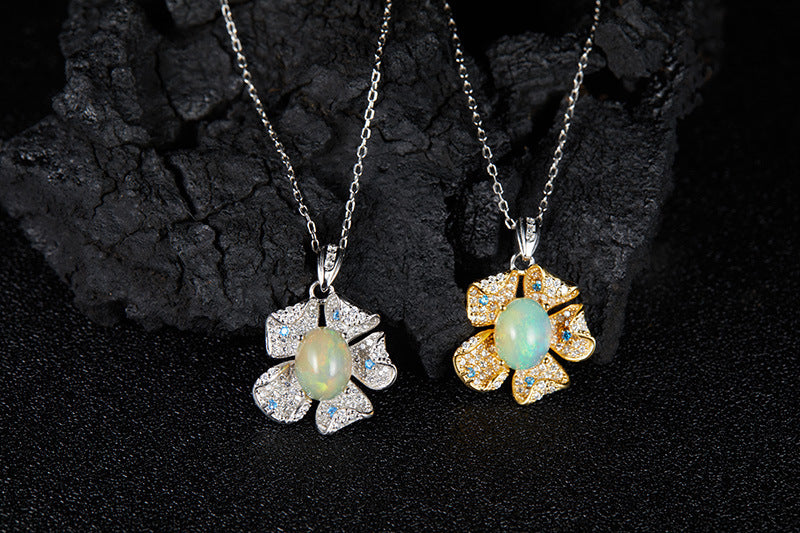 zensoullab Popular Flower Pendant S925 Sterling Silver Inlaid with Natural Opal Gemstone Necklace for Women