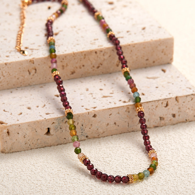 zensoullab S925 Sterling Silver Natural Tourmaline Garnet Gemstone Necklace for Women French Niche Style Handmade Beaded Collarbone Chain