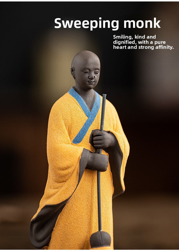 zensoullab Creative Ceramic Figure Sweeping Monk Zen Little Monk Ornament Home Living Room Curio Shelf Tea Room Bonsai Decoration