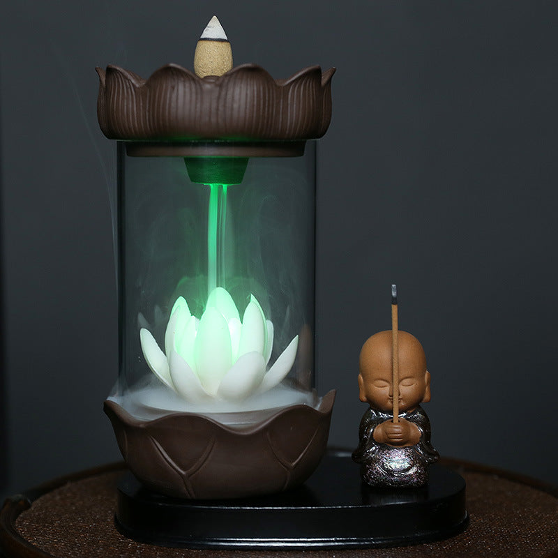 zensoullab Jingchen Special Windproof Cover Little Monk White Lotus LED Light Backflow Incense Burner Home Decor Ornament Original