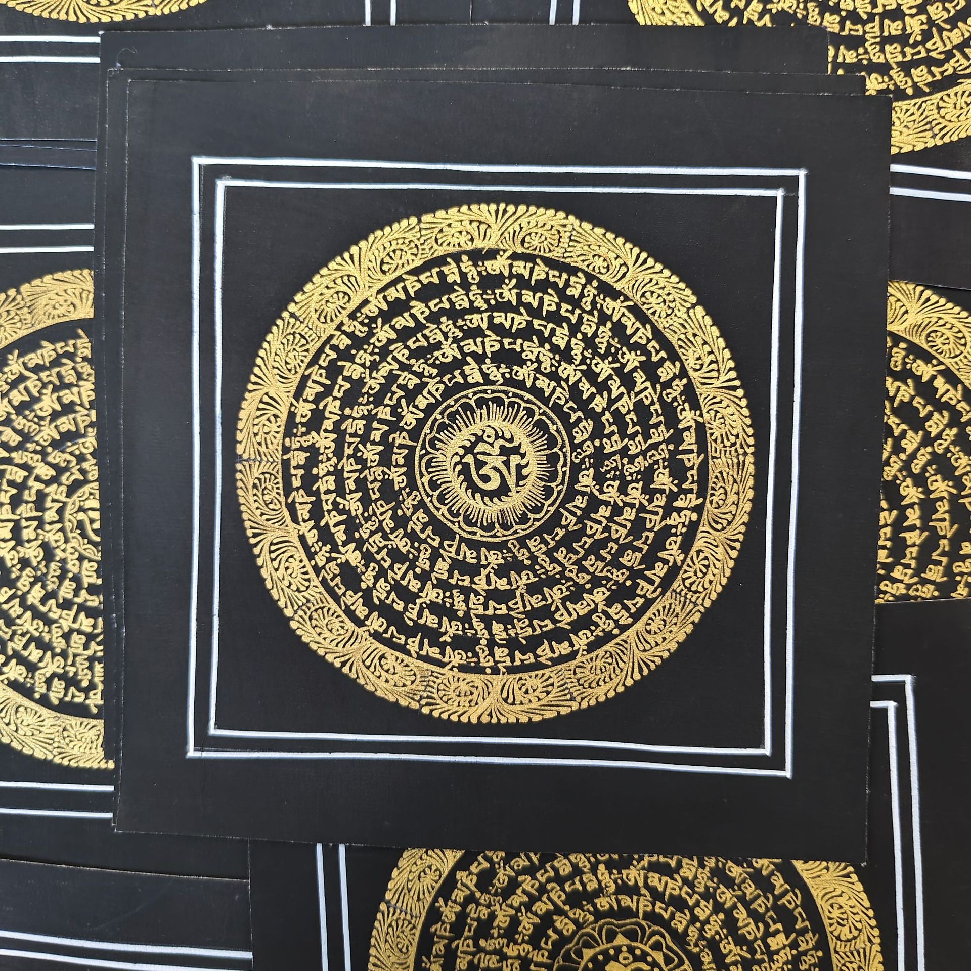 zensoullab Nepal Hand-painted Black Gold Sutra Thangka Tibetan Six-word Mantra Mandala Entrance Living Room Decorative Hanging Painting