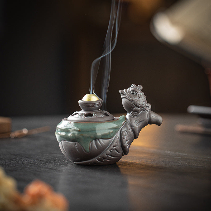 zensoullab Lucky Money Pipe Golden Toad Mini Incense Burner Home Indoor Small Coil Incense Burner Zen Tea Room Incense Aromatherapy Burner Ornament