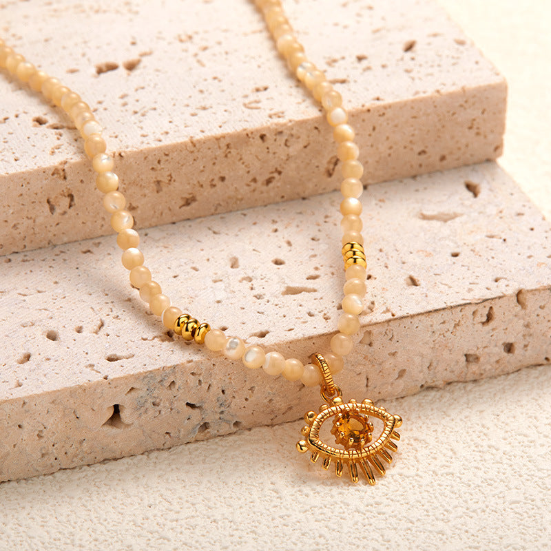 zensoullab S925 Sterling Silver Natural Yellow Shell Yellow Crystal Gemstone Necklace for Women Fashion Trend Devil's Eye Pendant Original Design