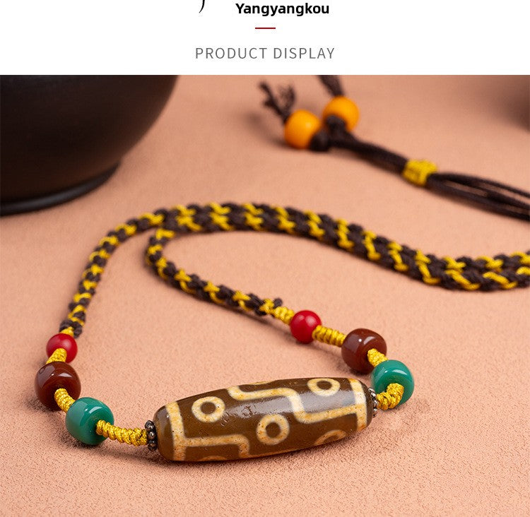 zensoullab Natural Yellow Nine-Eye Dzi Bead Necklace Taiwan Work Agate Pendant Unisex Couple Style Braided Necklace