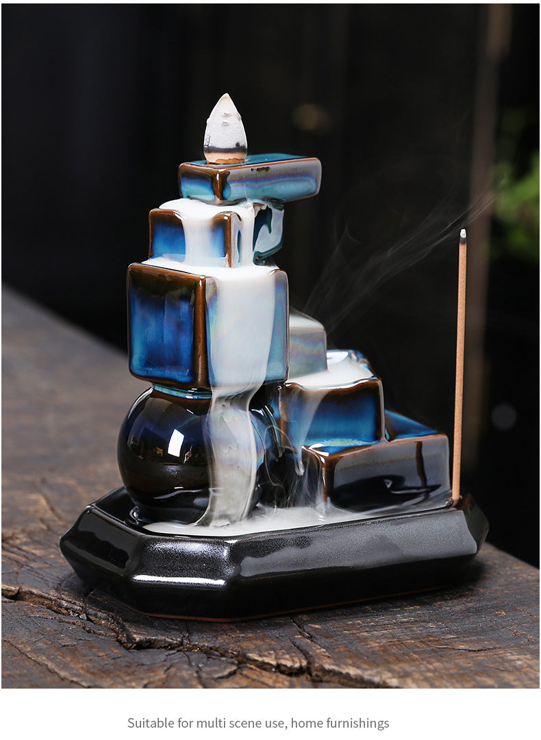 zensoullab Ceramic Mountain Water Backflow Incense Burner Ornament Creative Round Ball Square Blue Backflow Aromatherapy Burner Home Decor
