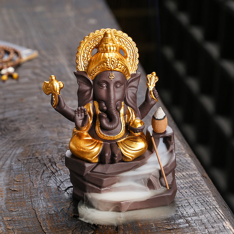 zensoullab Purple Clay Sandalwood Incense Burner Home Decor Creative Gold-Plated Ganesha Mountain Water Backflow Incense Burner Craft