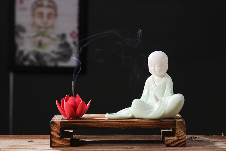 zensoullab Zen Style Chinese Fine Ceramic Figure Little Monk Ornament Creative Incense Holder Creative Home Living Room Decoration