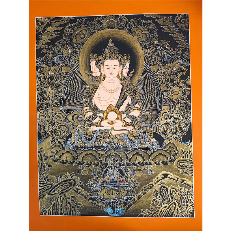 zensoullab Nepal Hand-painted Mahavairocana Thangka Yellow God of Wealth Manjushri Four-armed Guanyin Samantabhadra Green Tara Black Tang Entrance Hanging Painting