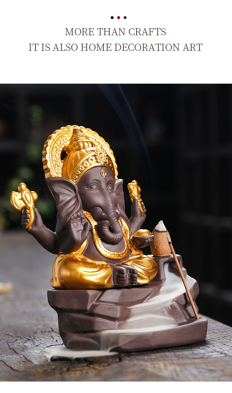 zensoullab Purple Clay Sandalwood Incense Burner Home Decor Creative Gold-Plated Ganesha Mountain Water Backflow Incense Burner Craft