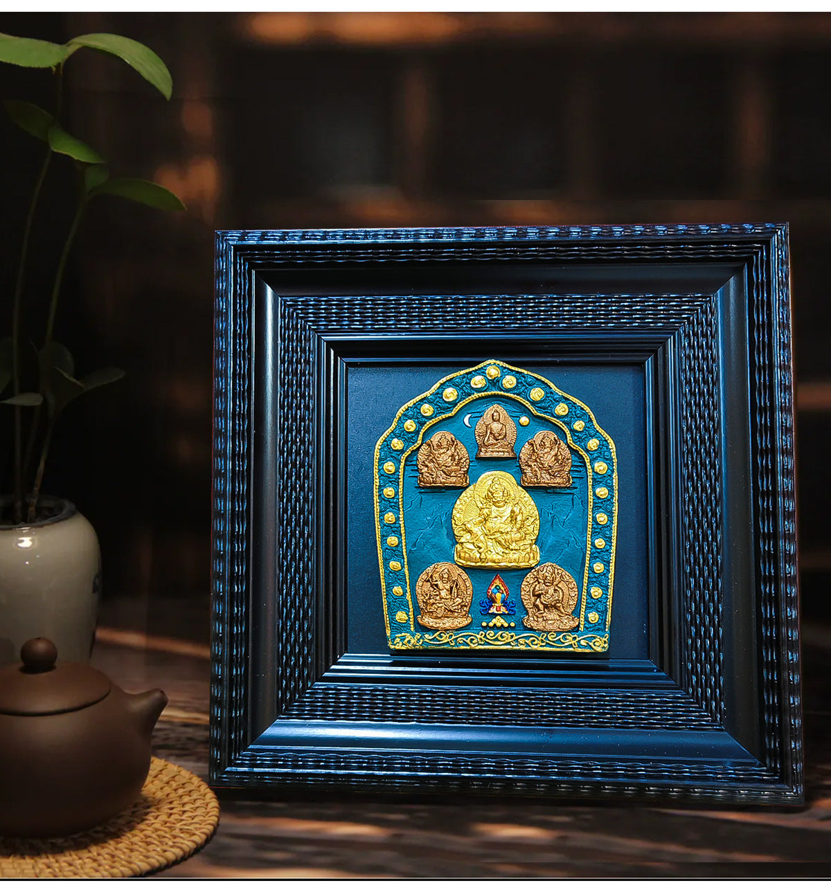 Zensoullab Xizang Hand Painted Thangka Three-Dimensional Wiping Yellow God of Wealth Tie Five Gods of Wealth Decorative Painting Living Room Office Geomancy Decoration