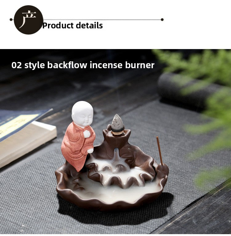 zensoullab Creative Simple Ceramic Little Monk Backflow Incense Burner Purple Clay Zen Incense Burner Incense Holder Home Tea Ceremony Home Decor