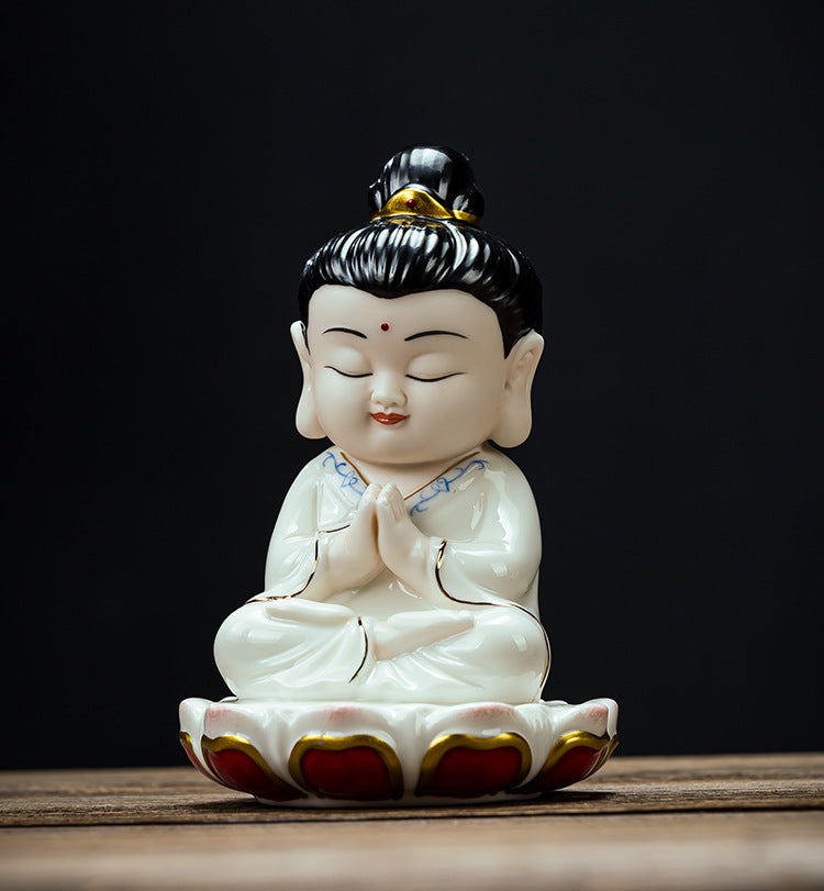 zensoullab Ceramic Small Ornaments Sitting Lotus Western Three Saints Statue Amitabha Buddha Guanyin Mahasthamaprapta Bodhisattva Buddha Statue Living Room Home Use