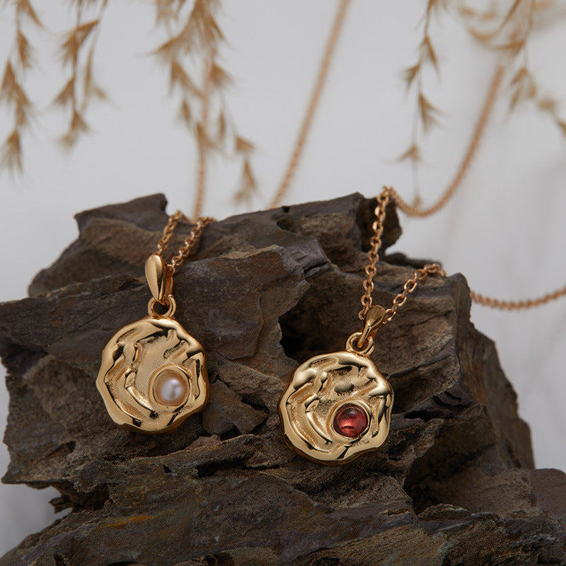 zensoullab S925 Sterling Silver Natural Pearl Garnet Necklace for Women with Elegant Wave Texture Round Pendant Choker