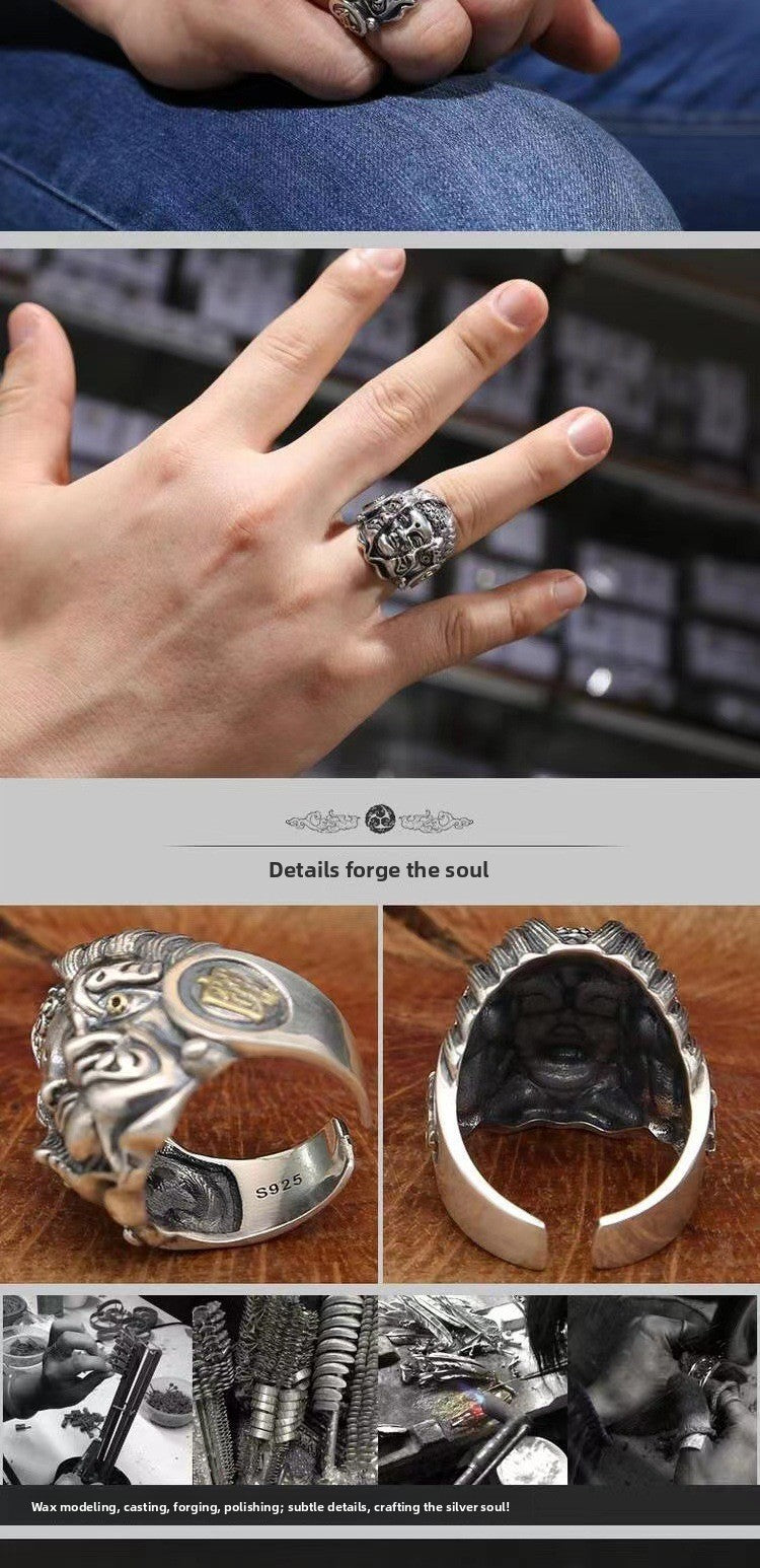 Zensoullab Men's Domineering Buddha Magic a Flash of Thought Buddha Magic Open Ring Vintage Thai Silver Niche Punk Ring