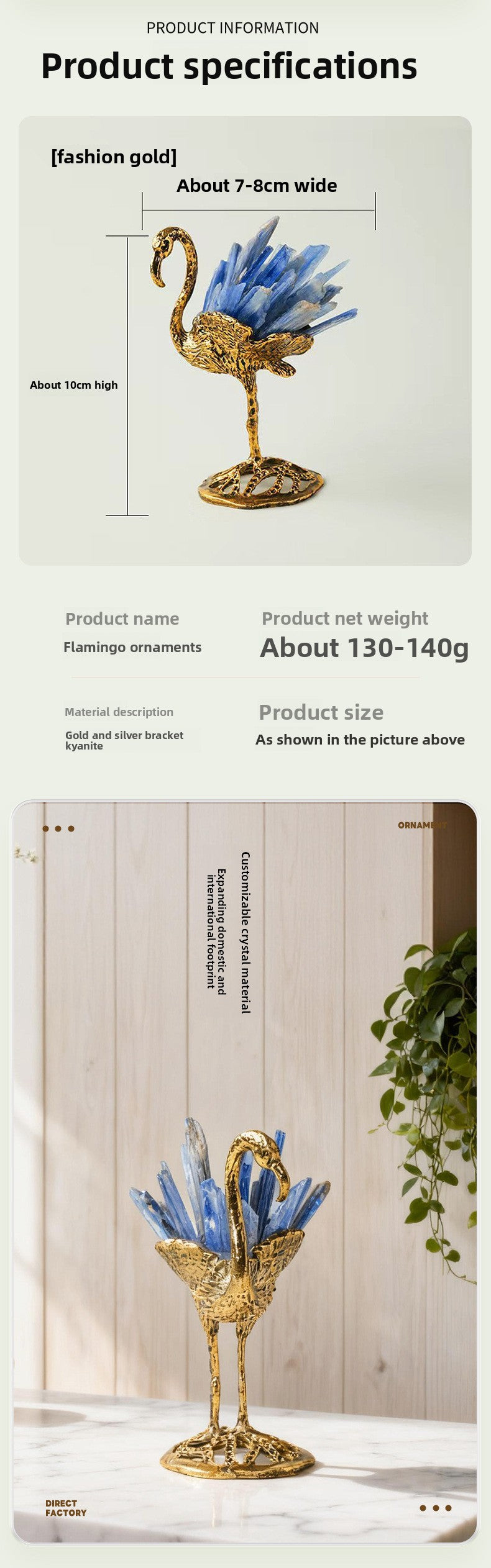 zensoullab Natural Kyanite Flamingo Ornament Kyanite Cluster Alloy Small Animal Crystal Craft Home Decoration