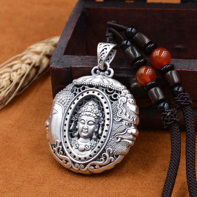 zensoullab One Thought Becomes Buddha Magic Thai Silver Sweater Chain Long Vintage Necklace Large Pendant Hanging Pendant 2023 Pendant